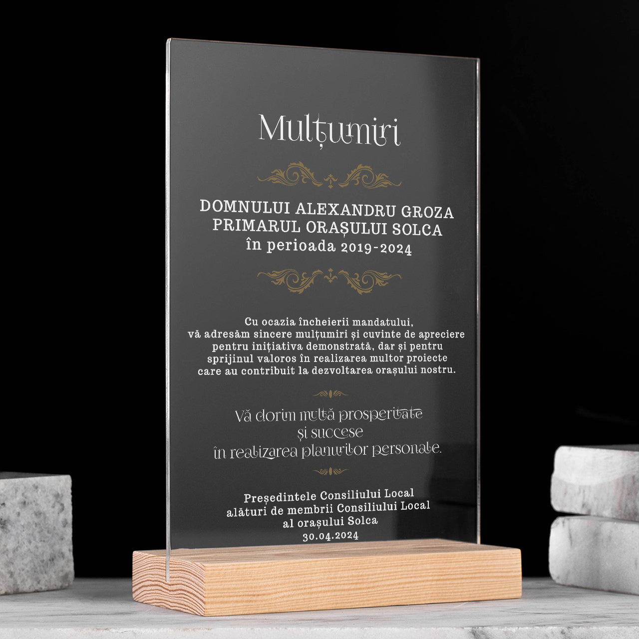 Plachetă de mulțumire pentru primar