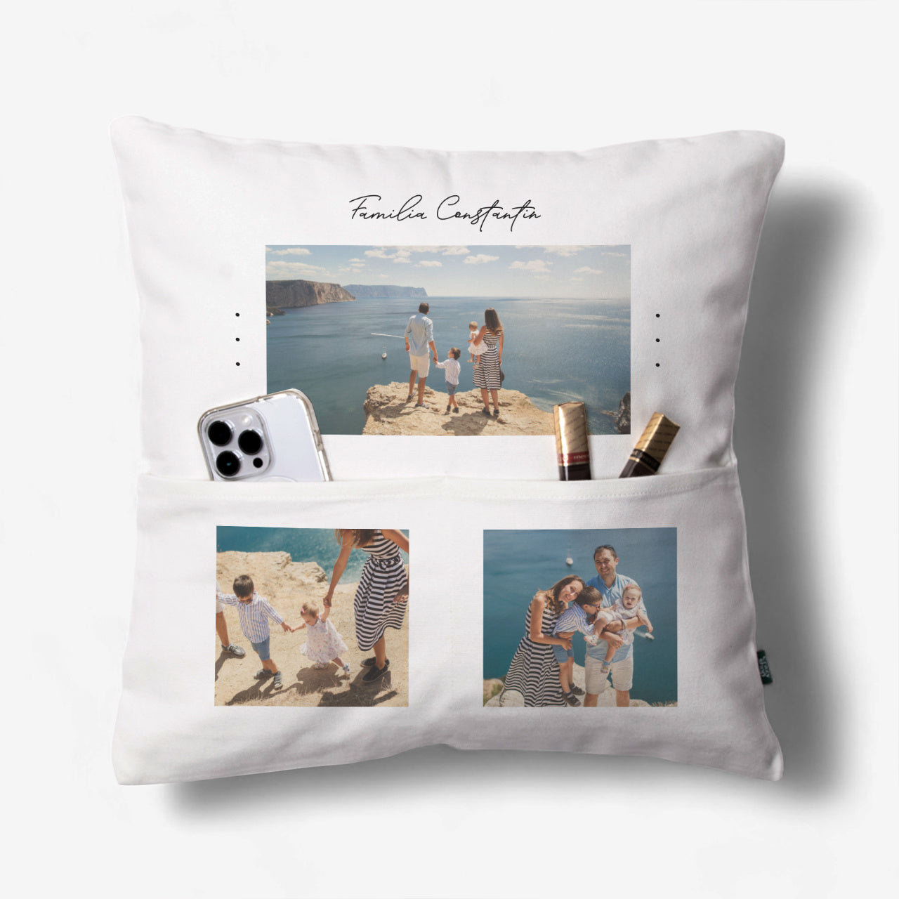 Pernă cu fotografii și buzunare – cadou pentru o persoană dragă