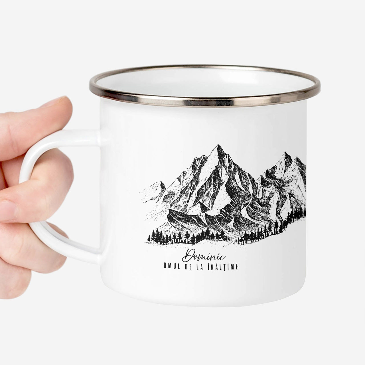 Cană emailată cu motiv montan – cadou pentru pasionații de munte