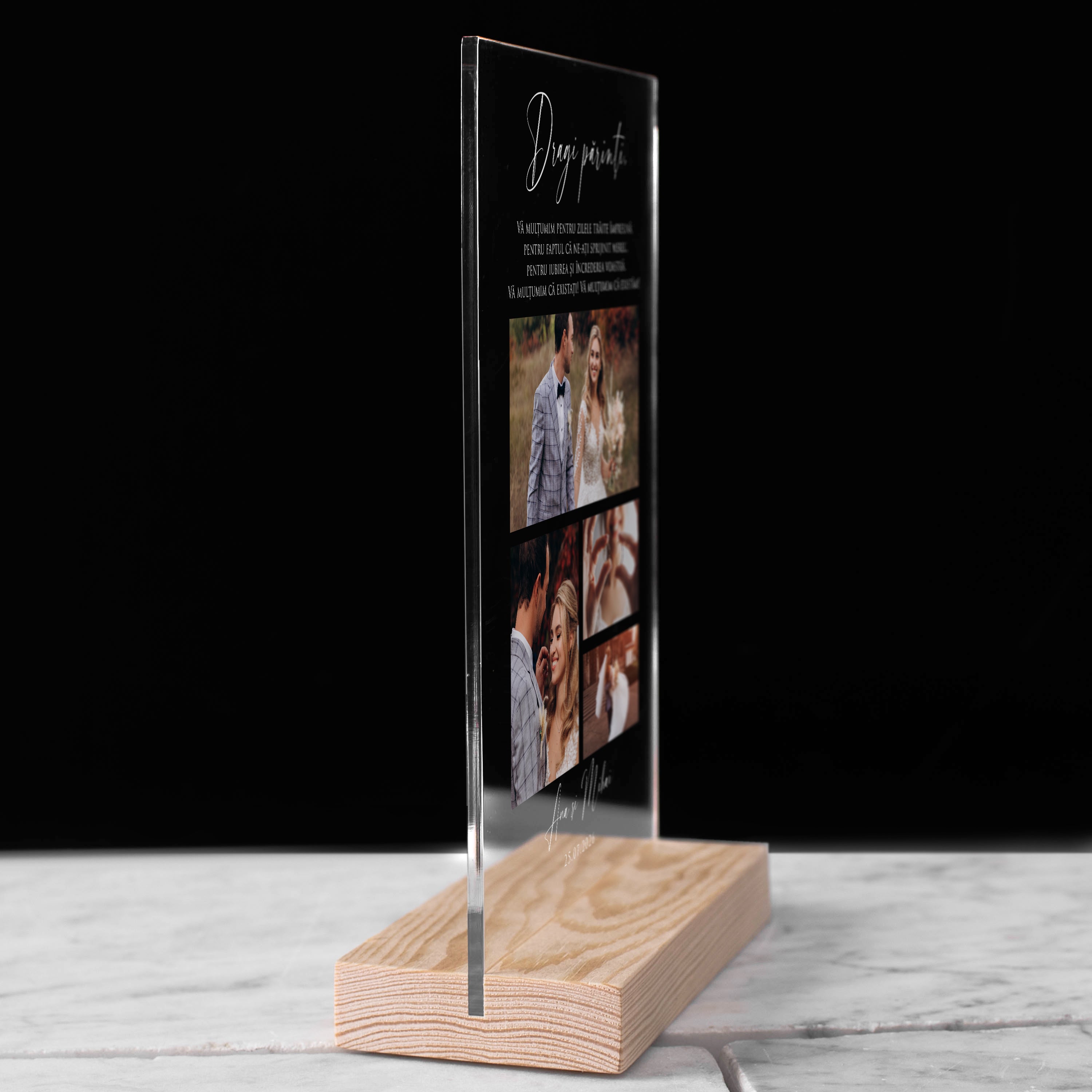 Trofeu din sticlă gravată și cu fotografie - cadou pentru părinți după nuntă