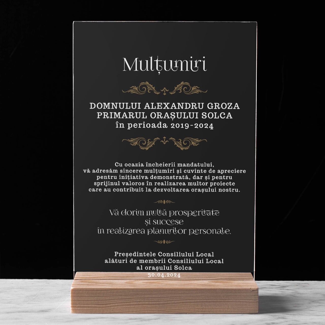 Plachetă de mulțumire pentru primar