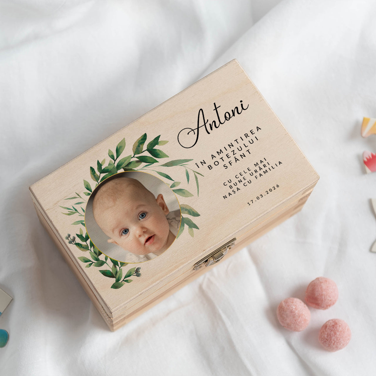 Cutie din lemn cu fotografie pentru Botez