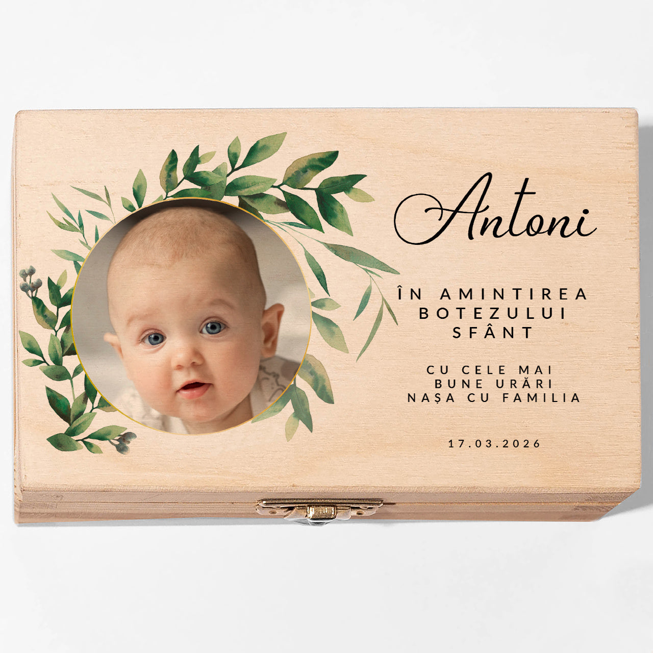 Cutie din lemn cu fotografie pentru Botez