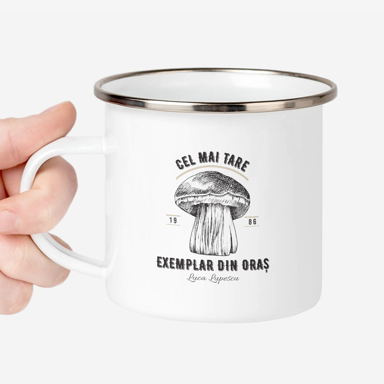 Personalizowany kubek emaliowany - upominek dla grzybiarza kubek z nadrukiem 