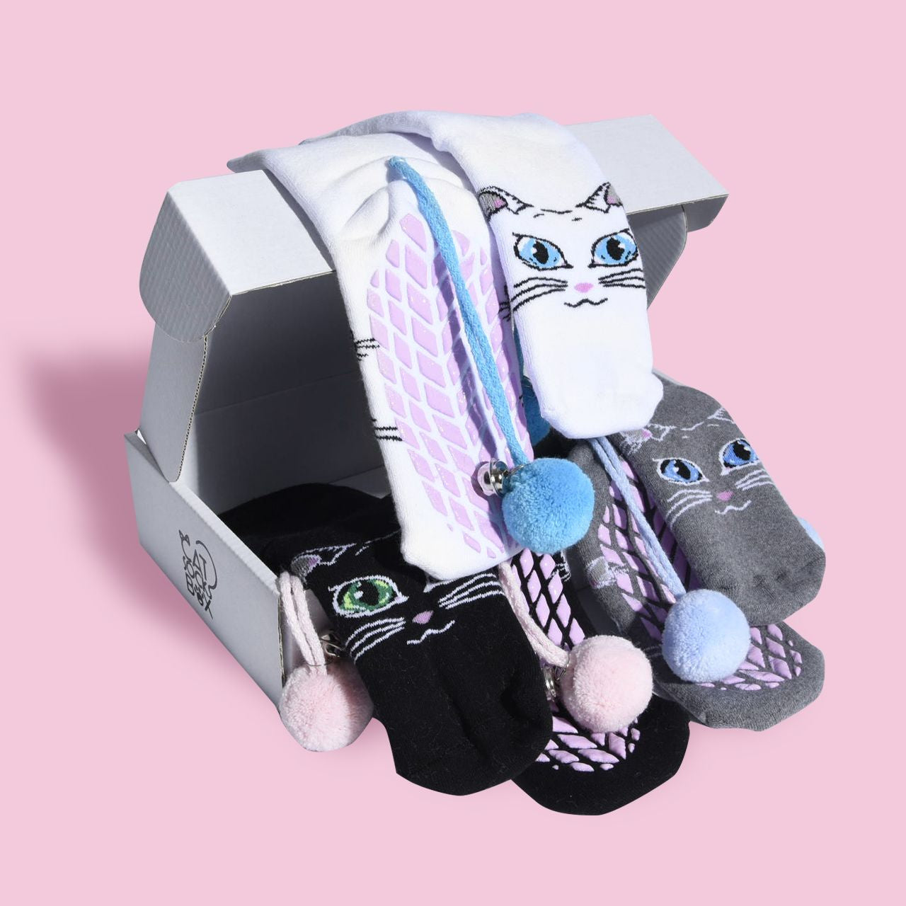 Skarpetki kotki z pomponikami 3 pary prezent dla Kociary skarpetki z kotkami 