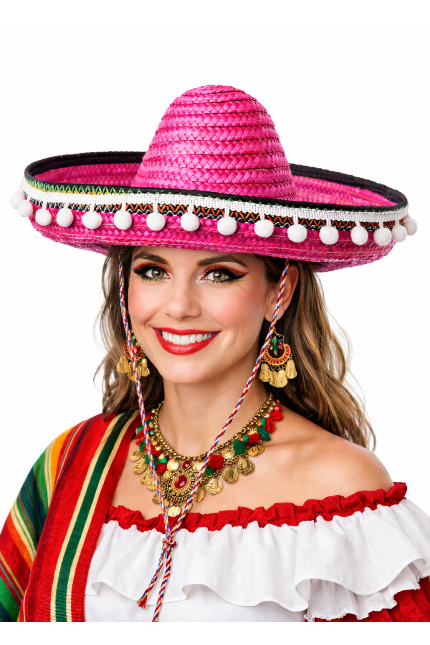 Sombrero cu pomponikami pentru femei roz
