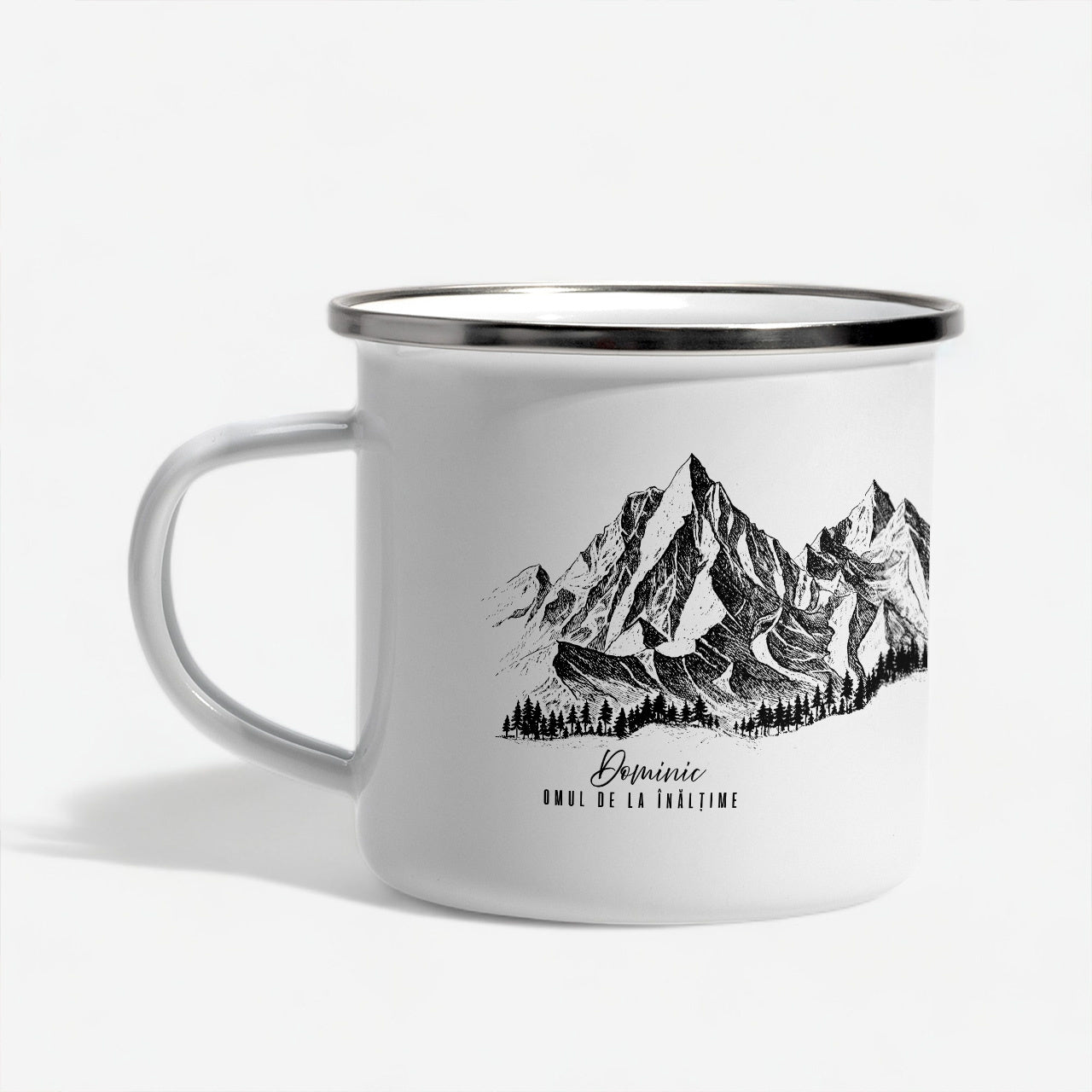 Cană emailată cu motiv montan – cadou pentru pasionații de munte