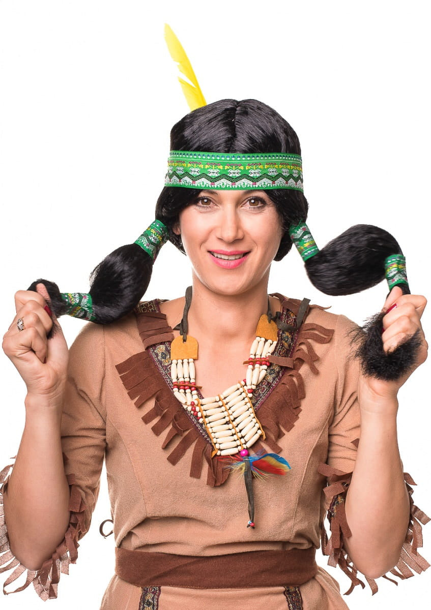Perucă Indiancă – perucă de carnaval cu warkoczami și bentiță