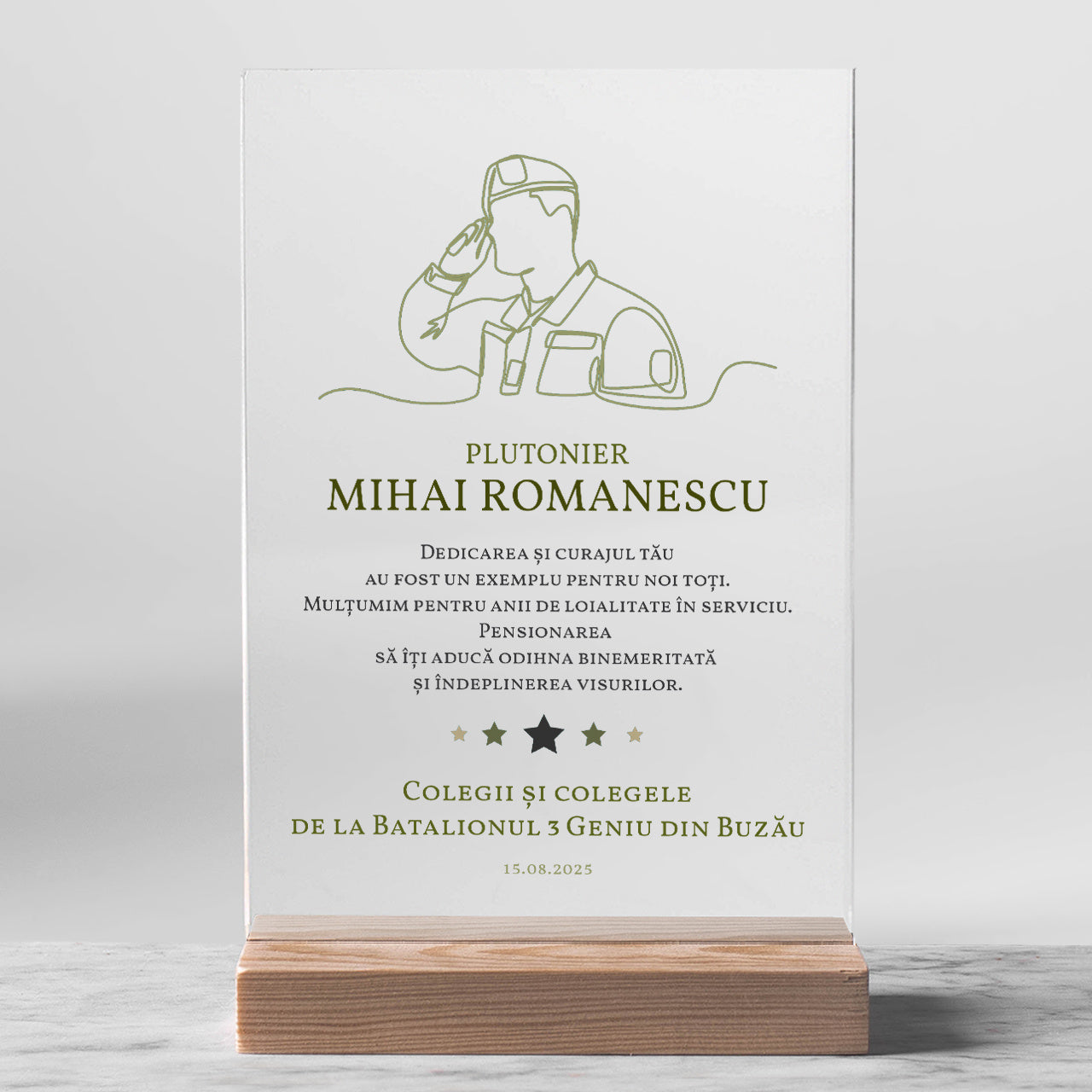 Plachetă personalizată pentru un soldat
