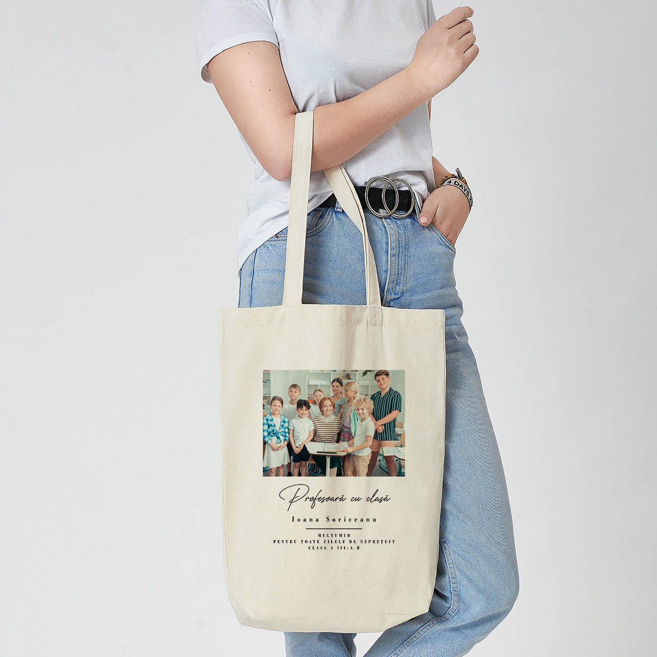 Geantă personalizată – cadou cu fotografie pentru profesoară