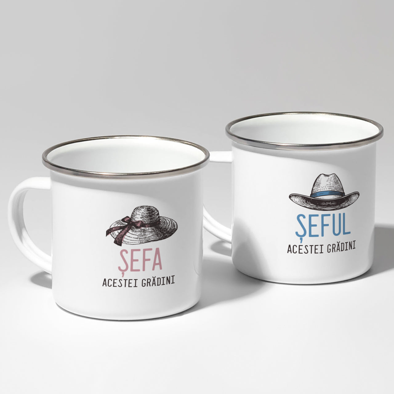 Komplet personalizowanych kubków emaliowanych - Szefowie Ogrodu - prezent dla pary ogrodników komplet kubków