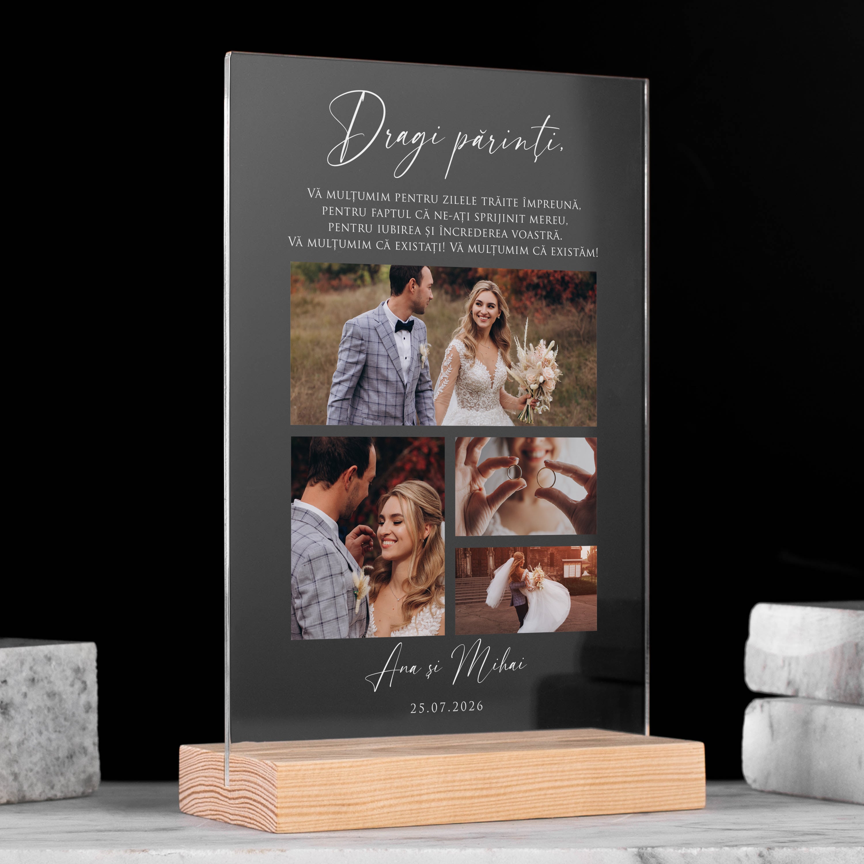 Trofeu din sticlă gravată și cu fotografie - cadou pentru părinți după nuntă