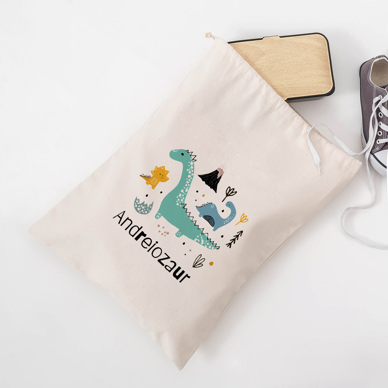 Săculeț personalizat pentru grădiniță – cadou pentru un fan al dinozaurilor