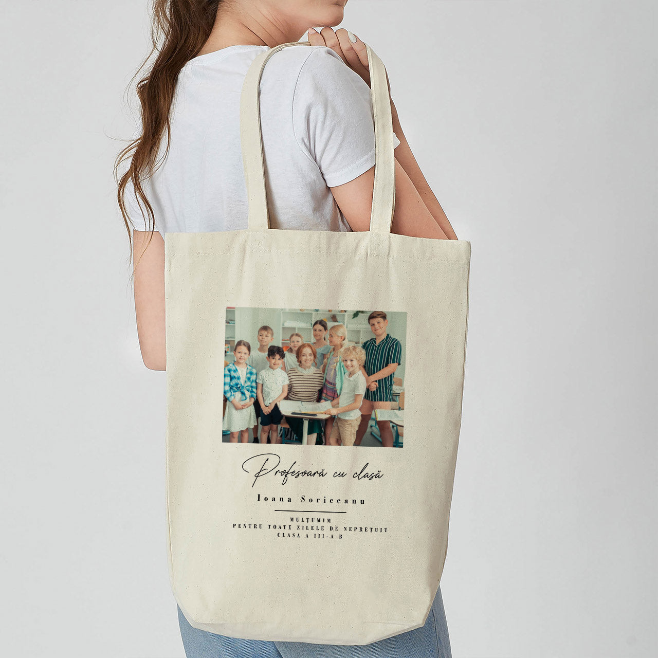 Geantă personalizată – cadou cu fotografie pentru profesoară