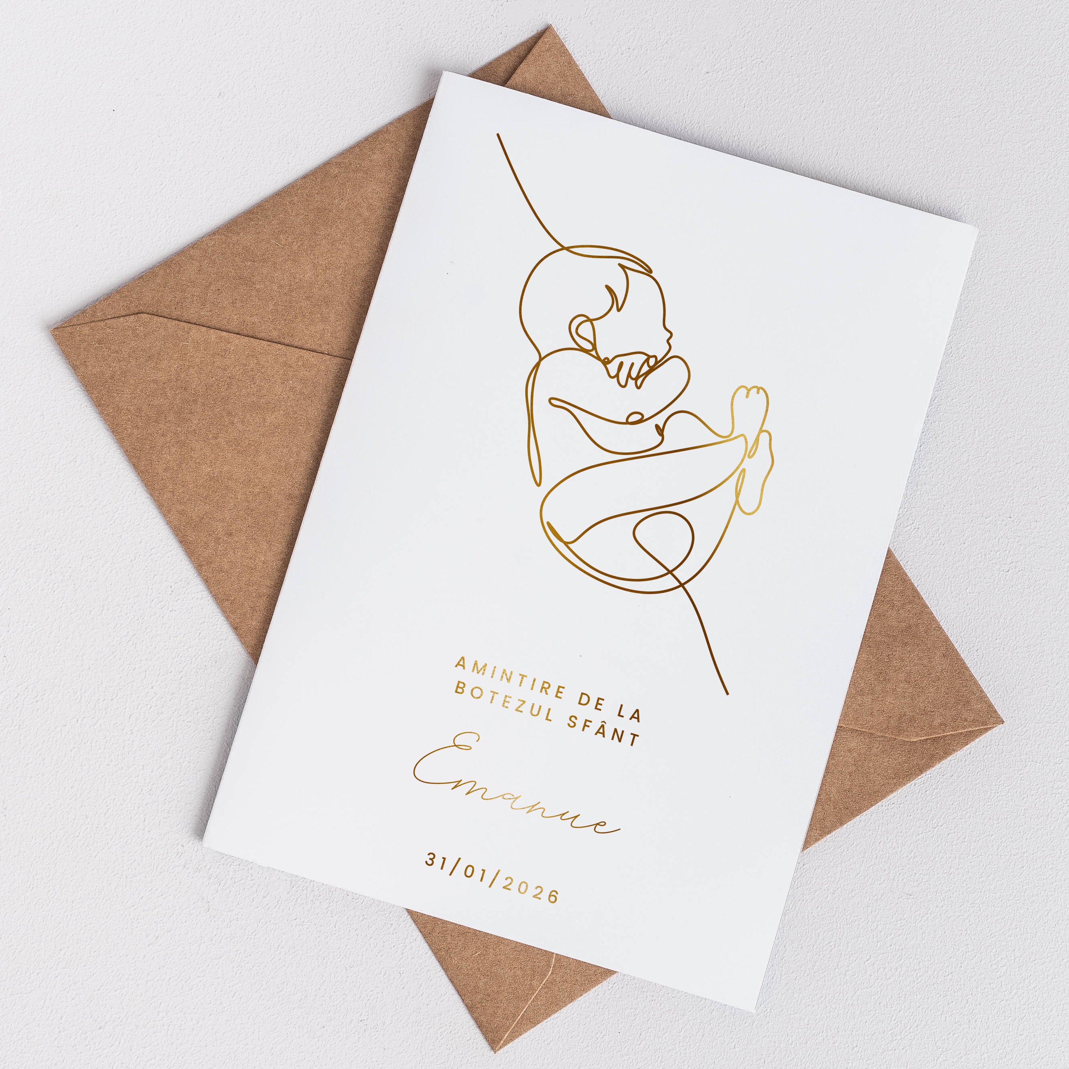 Felicitare personalizată pentru botez cu foliere aurie