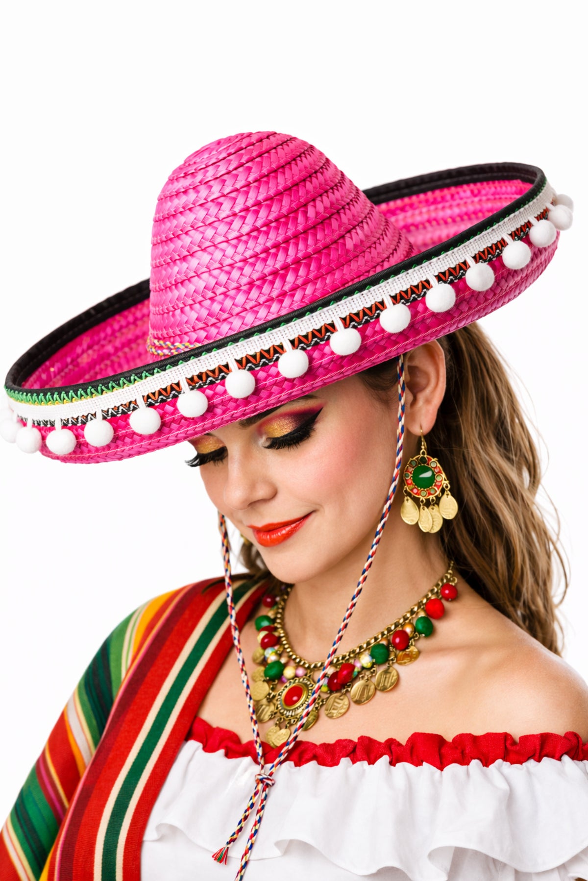 Sombrero cu pomponikami pentru femei roz