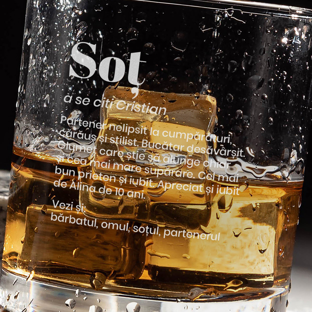 Pahar gravat pentru whisky – cadou de aniversare pentru soț