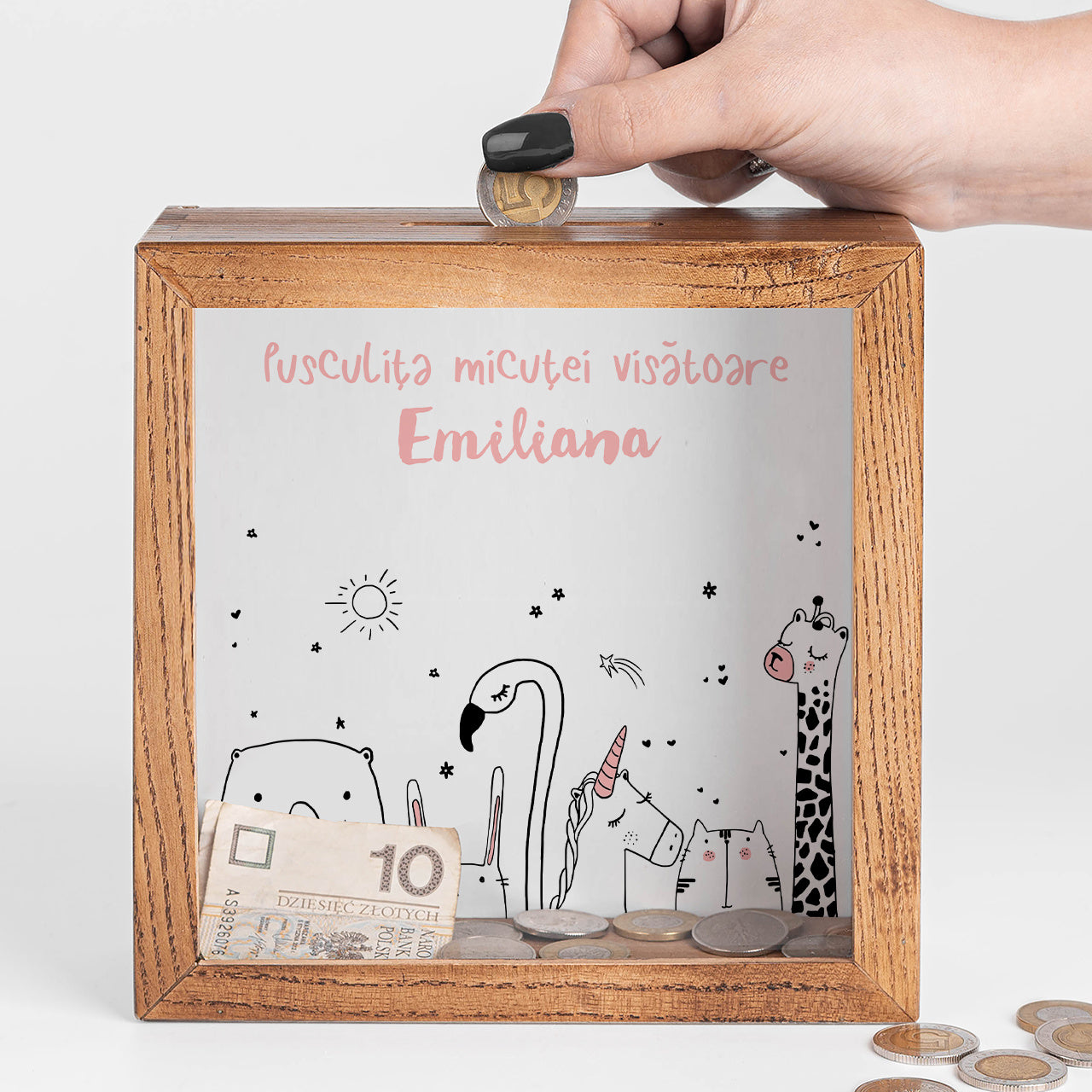 Personalizowana skarbonka na marzenia - prezent dla dziewczynki drewniana skarbonka z szybką prezent dla dziecka