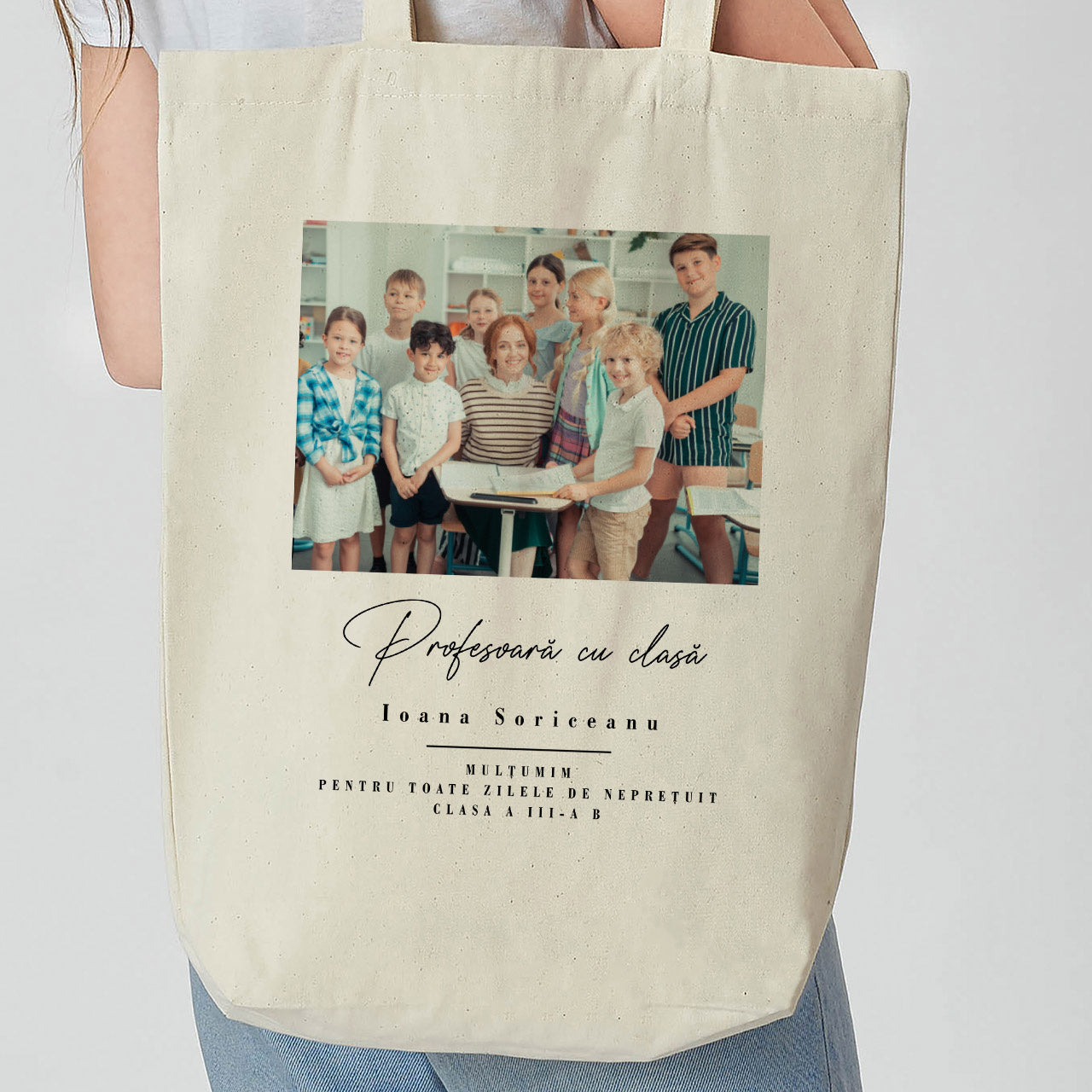 Geantă personalizată – cadou cu fotografie pentru profesoară