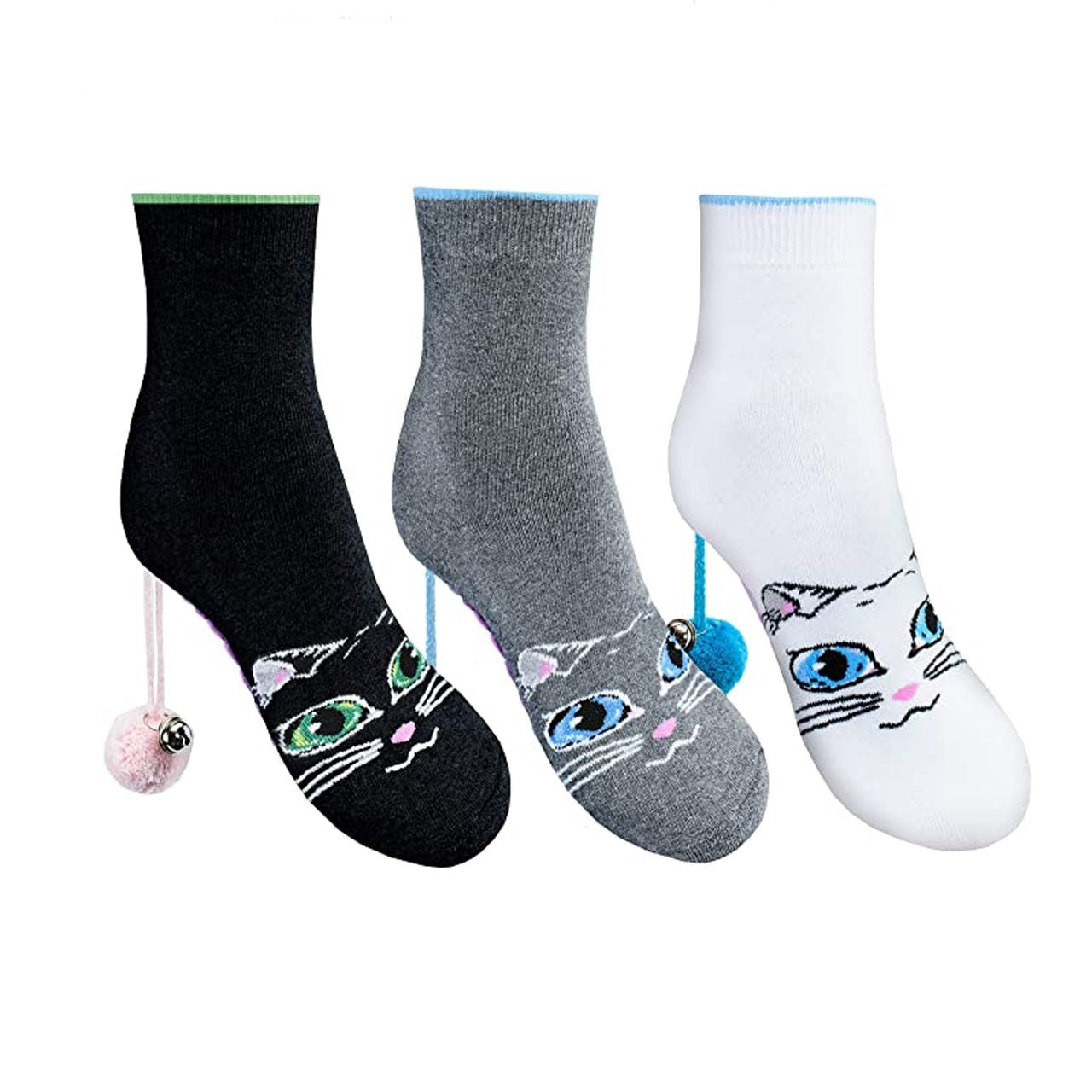 Skarpetki kotki z pomponikami 3 pary prezent dla Kociary skarpetki z kotkami 