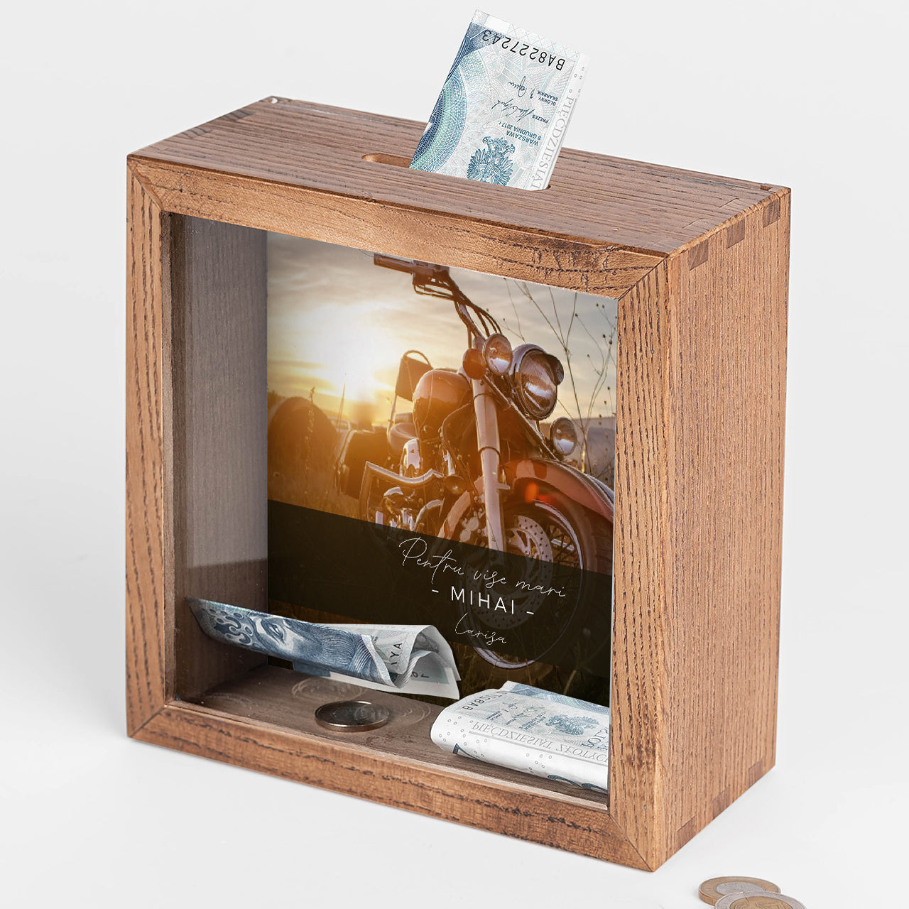 Personalizowana skarbonka na prezent urodzinowy - ze zdjęciem prezent dla motocyklisty drewniana skarbonka