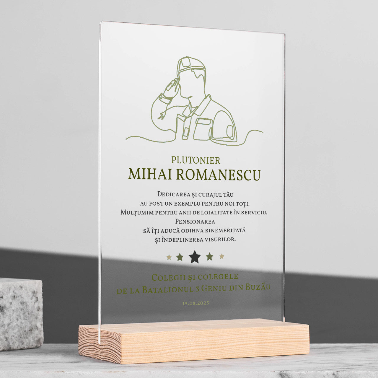 Plachetă personalizată pentru un soldat