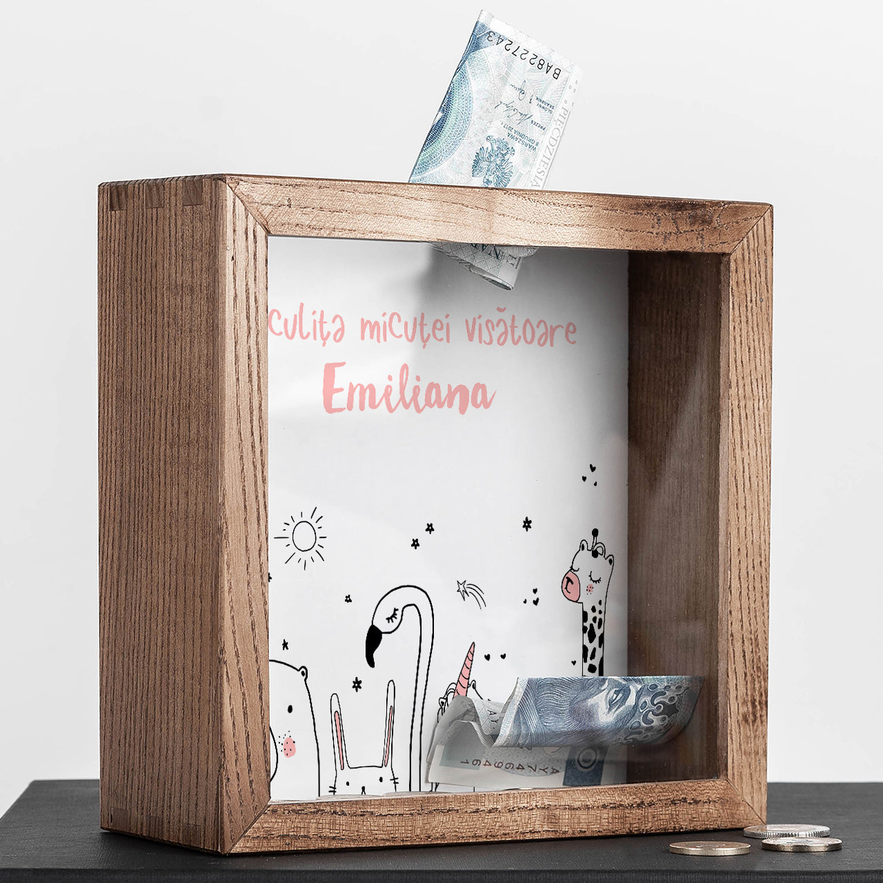 Personalizowana skarbonka na marzenia - prezent dla dziewczynki drewniana skarbonka z szybką prezent dla dziecka