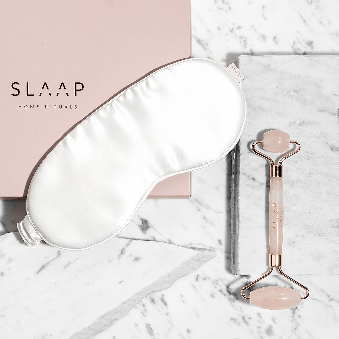 Roller z różowego kwarcu i jedwabna opaska na oczy SLAAP zestaw prezentowy dla kobiety prezent dla kobiety 